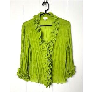 Y2K Jaipur‎ Bright Green Ruffle top Size L button down BRAT lizzie mcguire 90s
